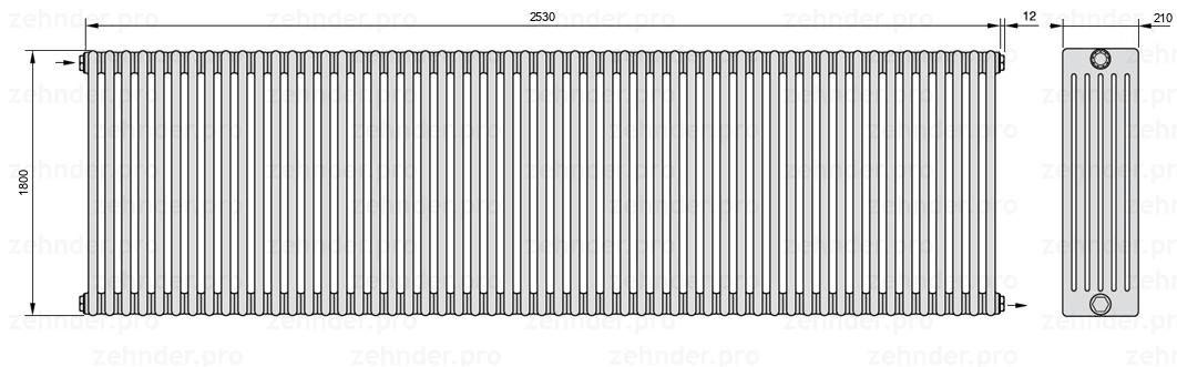 Схема (чертеж) Радиатор Zehnder Charleston 6180/55 №1670 Белый глянцевый RAL 9016